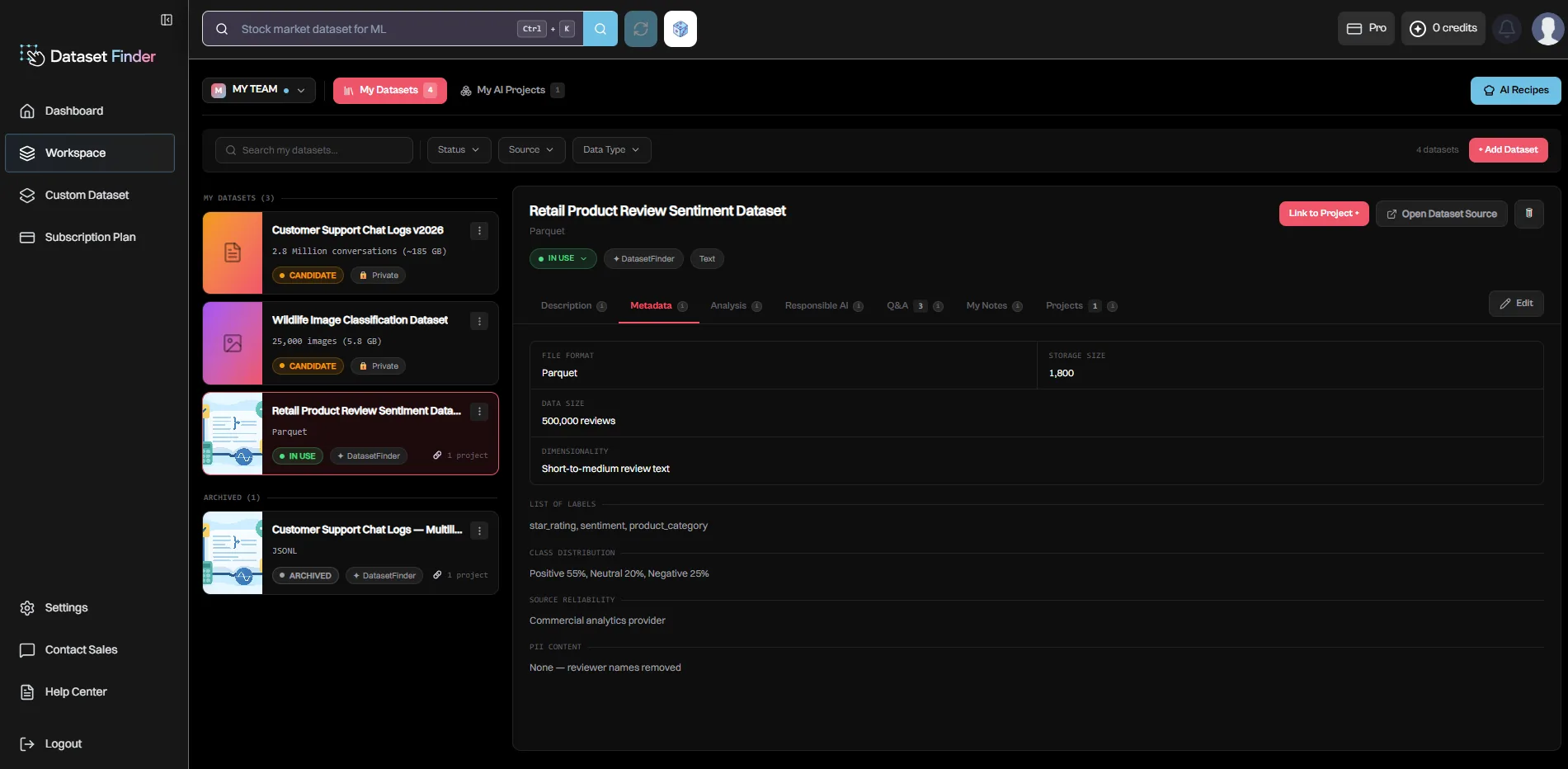 Dataset Finder workspace showing saved datasets and dataset metadata