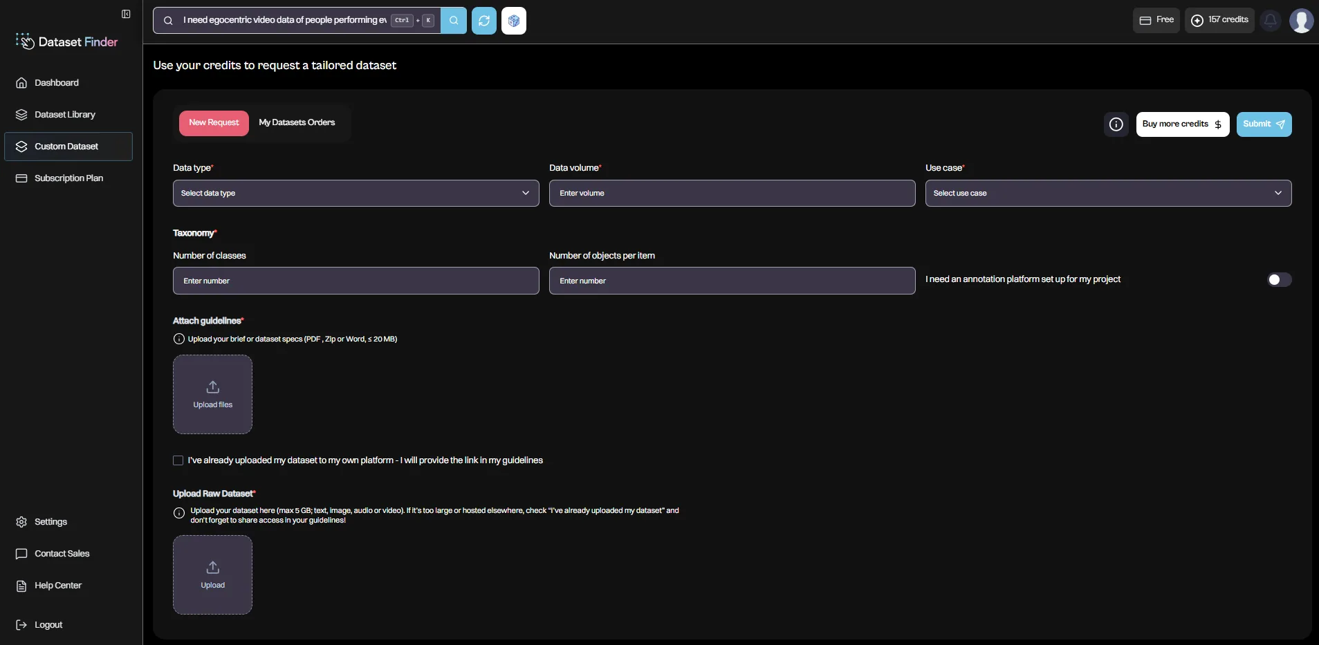Dataset Finder custom dataset request form