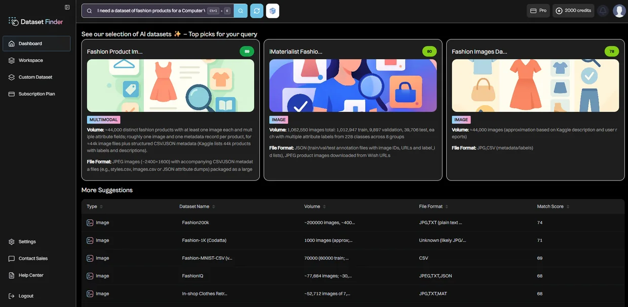 Dataset Finder search results with ranked datasets and match scores