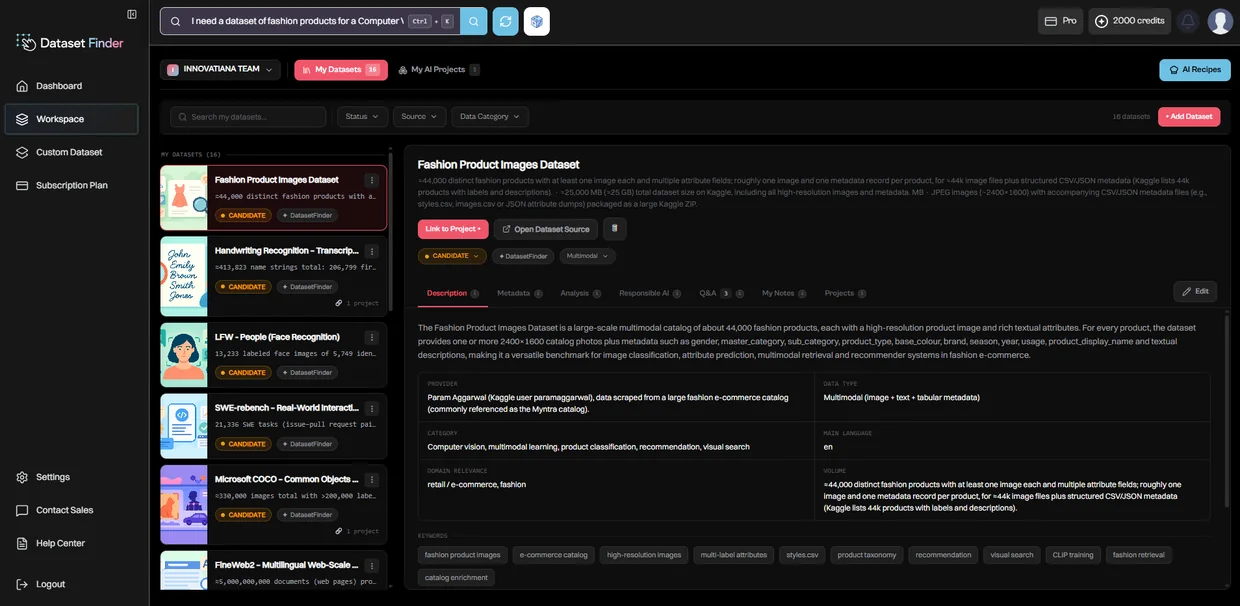 Dataset Finder workspace showing saved datasets and metadata